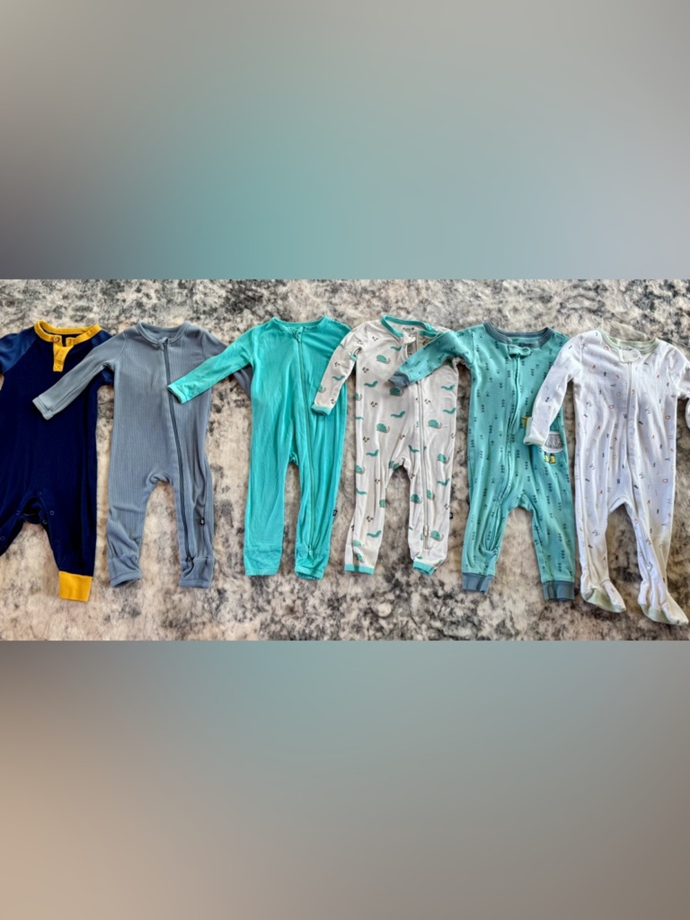 Kyte BABY Teal, Aqua, Navy and Gray Mixed Footie One-Piece Set